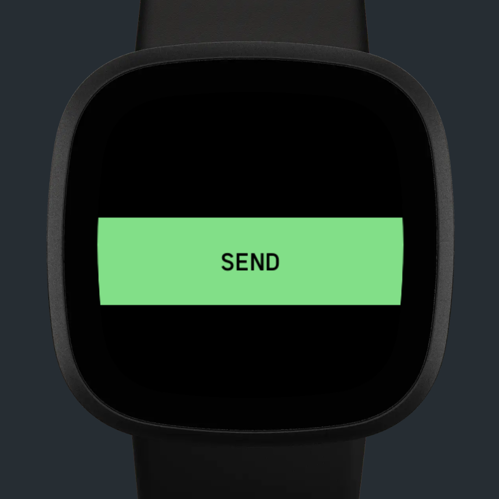 アプリのスクリーンショットです。スマートウォッチの中央に背景色が緑色のSENDボタンが表示されています。